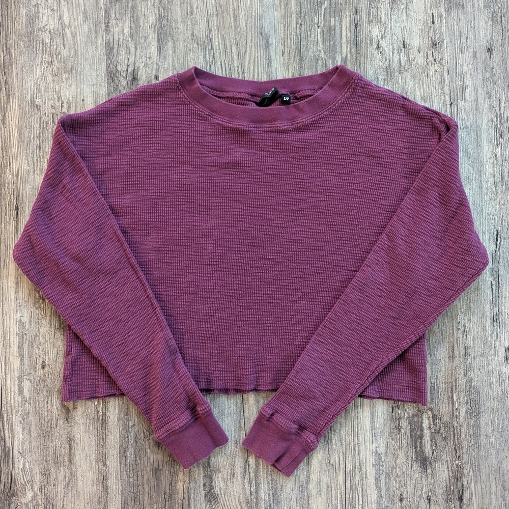 Rebel Rogue - T-Shirt Long Sleeved Cropped Waffle Knit Purple Raw Hem Grunge